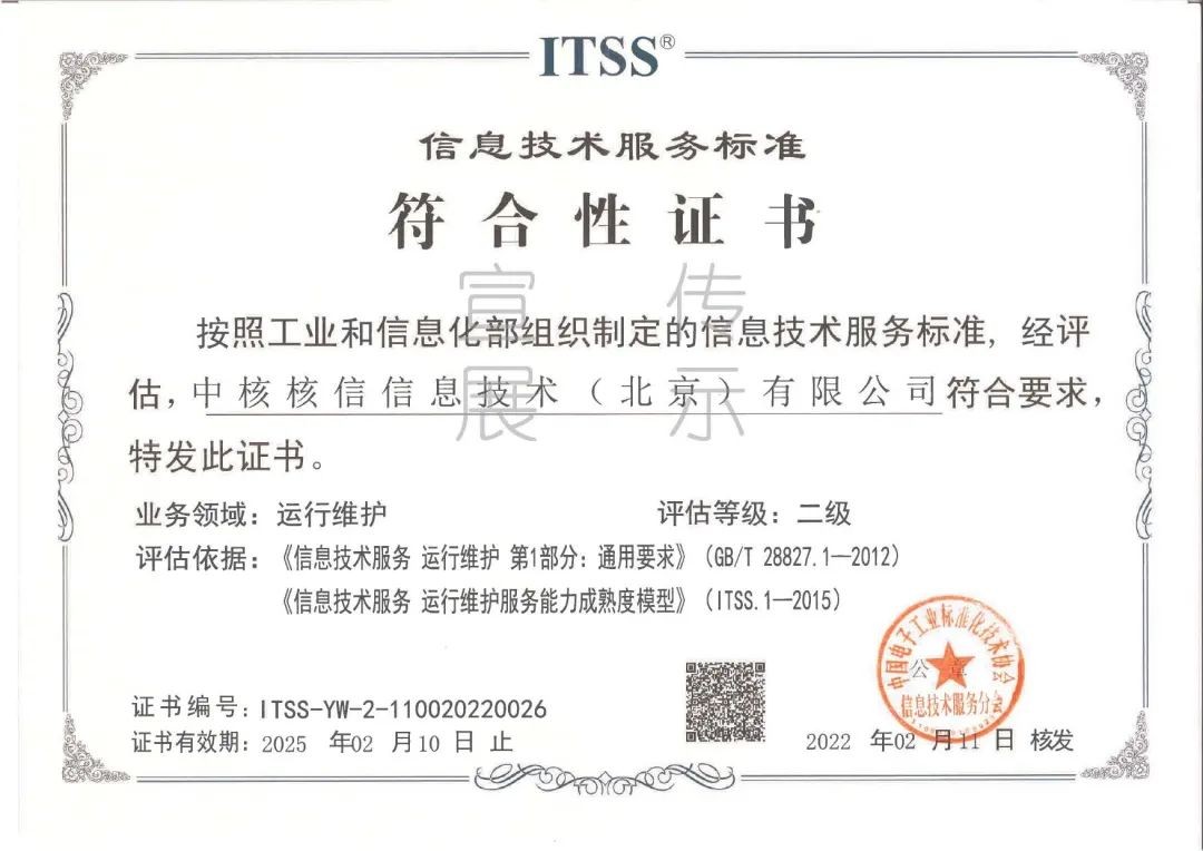 【智库动态】总院中核核信顺利通过ITSS二级认证