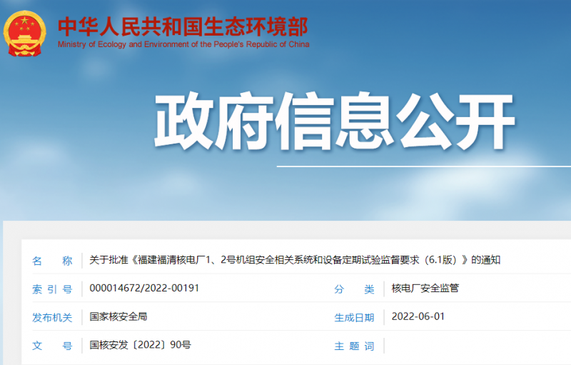 关于批准《福建福清核电厂1、2号机组安全相关系统和设备定期试验监督要求（6.1版）》的通知
