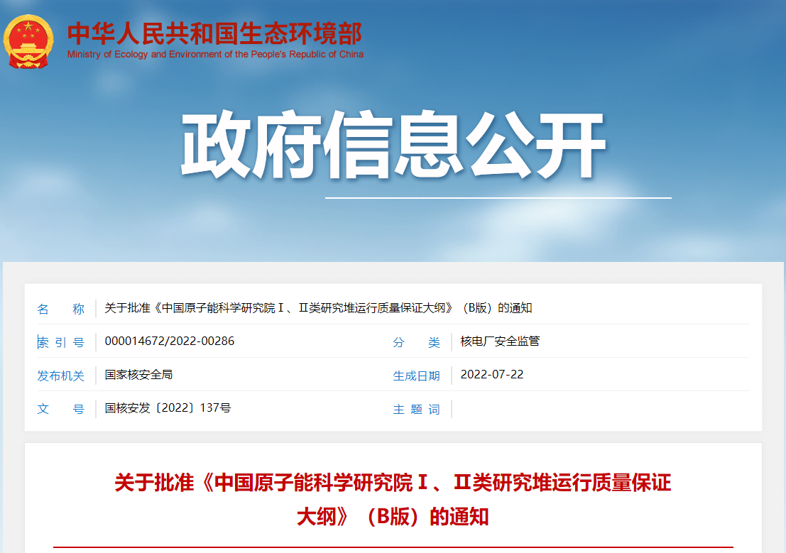 关于批准《中国原子能科学研究院Ⅰ、Ⅱ类研究堆运行质量保证大纲》（B版）的通知