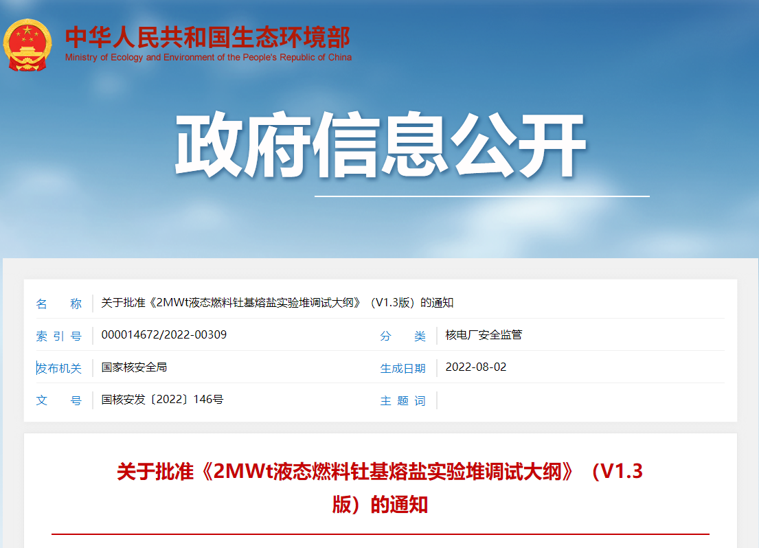 关于批准《2MWt液态燃料钍基熔盐实验堆调试大纲》（V1.3版）的通知