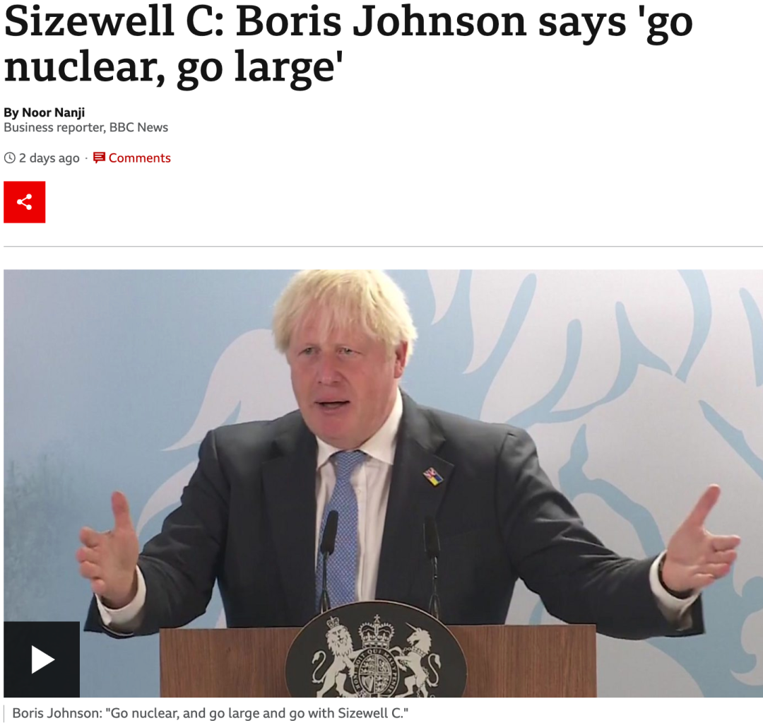 为应对能源危机，即将离任的约翰逊首相为英国新建核电站提供资金