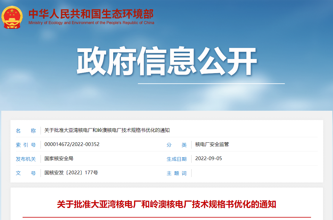 关于批准大亚湾核电厂和岭澳核电厂技术规格书优化的通知