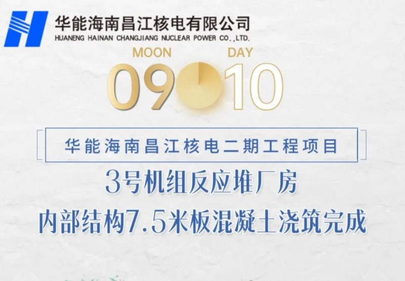 华能海南昌江核电二期工程项目3号机组反应堆厂房内部结构7.5米板混凝土浇筑完成
