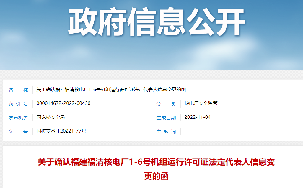 关于确认福建福清核电厂1-6号机组运行许可证法定代表人信息变更的函