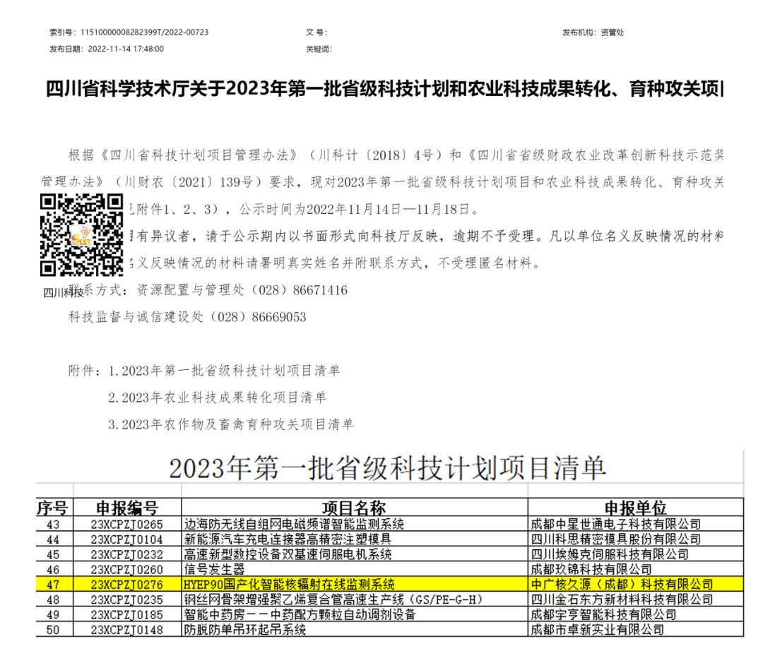 中广核久源自主产品获批四川省2023年重点创新产品认定