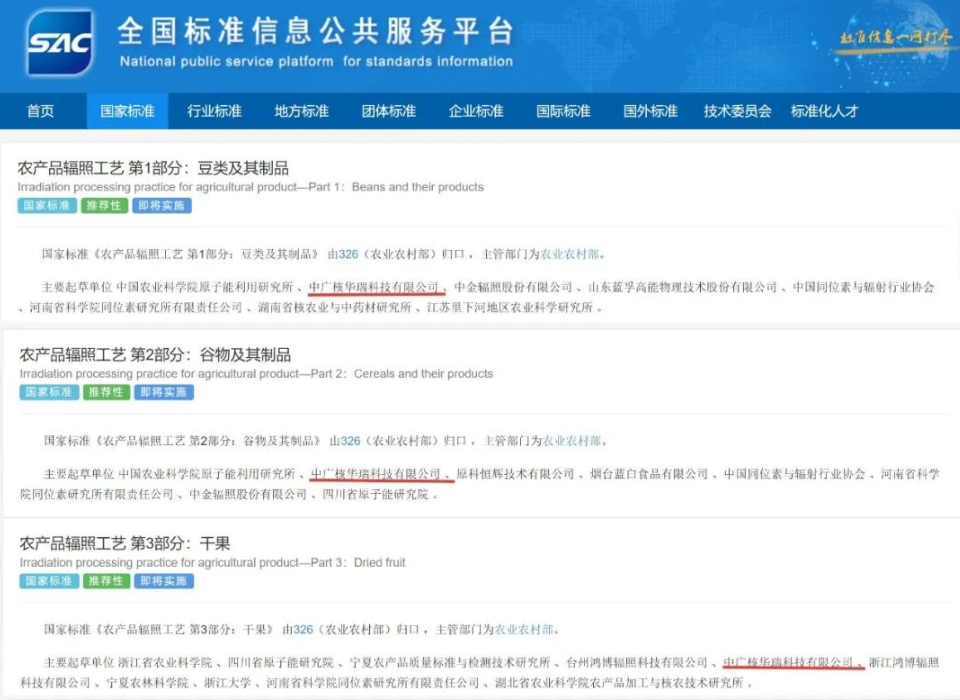A series of national standards for agricultural product irradiation processes compiled by China General Nuclear Technology were officially released