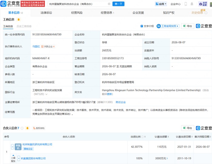 杭氧股份等成立聚变科技合伙企业